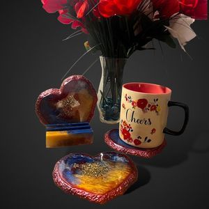 Valentines Heart Coaster Set Matching Coaster Holder | Resin